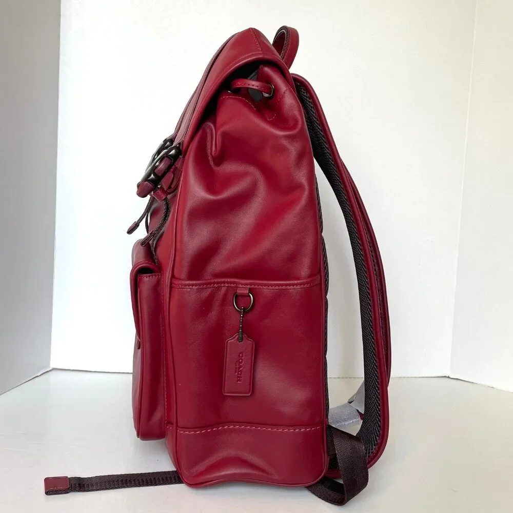 Coach League Flap Backpack Dark Ruby Leather Laptop Bag Mens